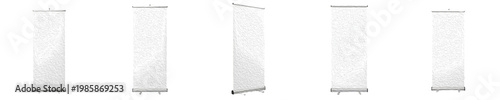 Blank White Roll Up Banner Stand Set Isolated on White Background. Professional Vertical Exhibition Mockup Collection in Different Angles for Marketing, Trade Show, and Ads.