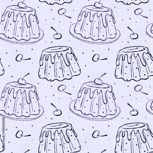 Hand drawn seamless pattern with glazed pudding cakes and cherries on textured purple. Hand drawn line. Trendy linear food illustration for bakery packaging, cafe menu, kitchen textile wrapping paper