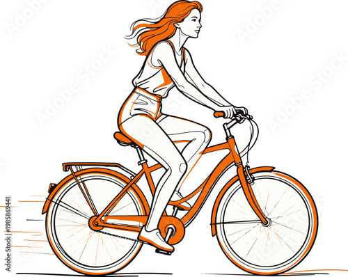 Continuous Line Woman Cycling World Bicycle Day Landscape