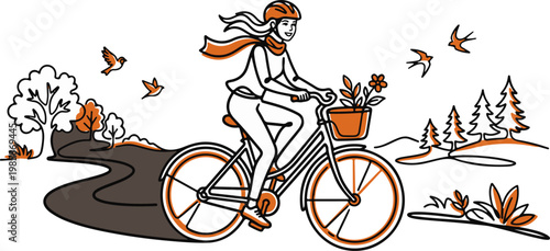 Dynamic One Line Woman Cycling Landscape Poster Design