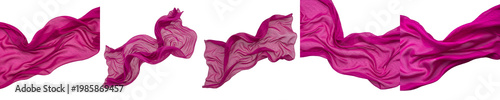 Elegant Pink Silk Fabric Flying Set Isolated on White Background. Dynamic Flowing Satin Cloth Ripples in Multiple Angles for Fashion, Luxury Branding, and Textile Design.