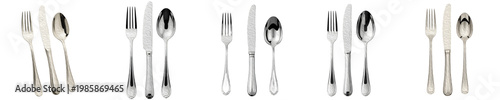 Stainless Steel Cutlery Set Isolated on White Background. Professional Silver Fork, Knife, and Spoon Collection in Multiple Angles for Dining, Restaurant, and Food Design.