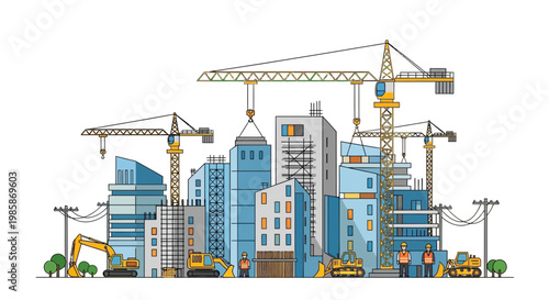 Detailed illustration of a bustling urban construction site with multiple buildings, cranes, and workers actively engaged in the building process.