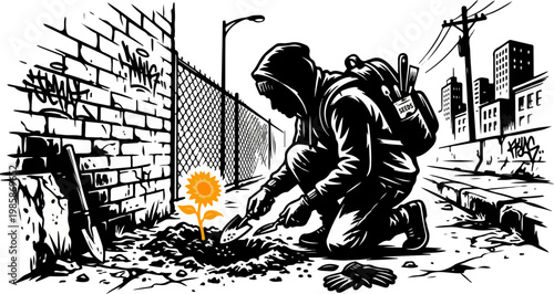 Dynamic Sunflower Guerrilla Gardening Street Art Silhouette