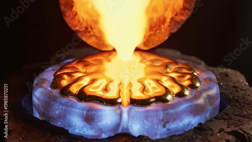 Molten liquid gold being poured into a glowing brain shaped mold, metal casting process.