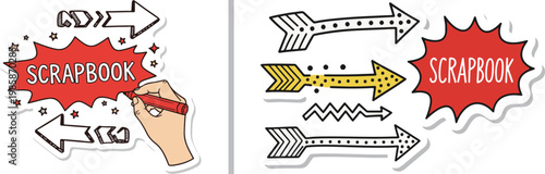 Hand drawn scrapbook elements with arrows and speech bubble vector illustration