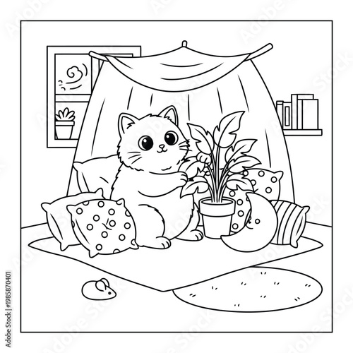 Cat coloring page with cute kitten playing with plant inside cozy tent setup at home scene