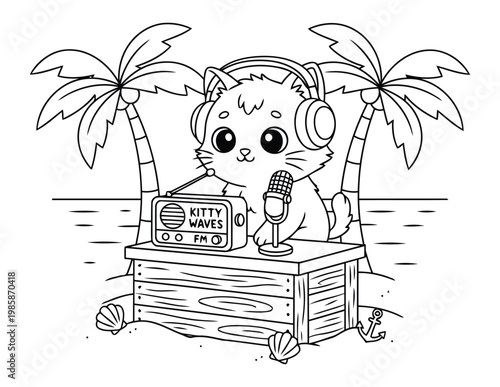 Cat coloring page with cute kitten radio host at beach studio with microphone and headphones scene