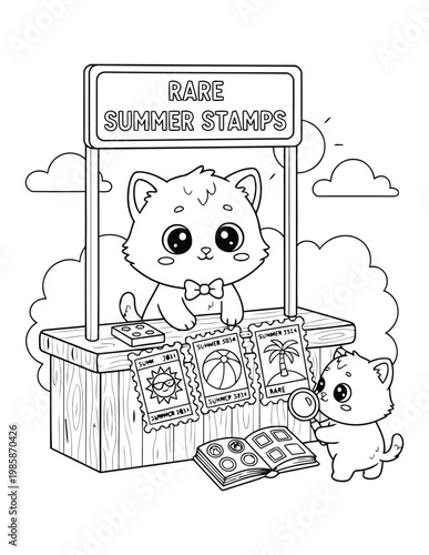 Cat coloring page with cute kittens selling rare summer stamps at outdoor market stall scene