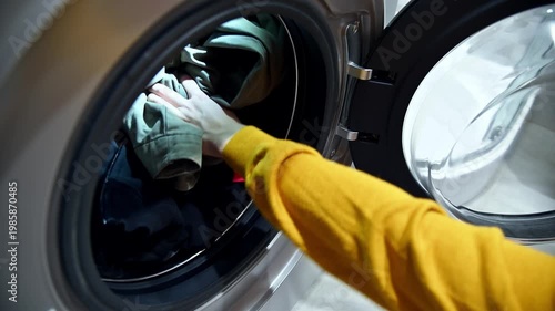 Hand placing dirty laundry into washing machine, colorful clothes visible inside