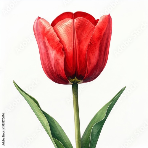 Detailed Illustration of Red Tulip with Green Leaves on White Background