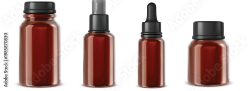 Professional skincare packaging mockup with colorful glass dropper bottles set vector