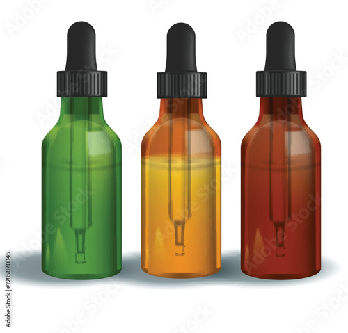Realistic amber blue green red and silver glass pipette bottles vector
