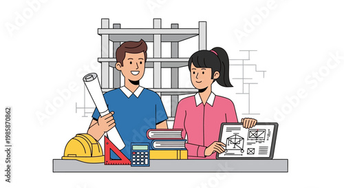 Man and woman in office workspace.