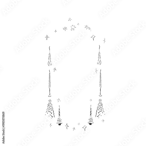 Hand drawn vector abstract outline,graphic,line vintage celebration ornament party frame in drawing elegant style.Elegant decoration vintage outline design isolated.Birthday,Christmas,Party frame.