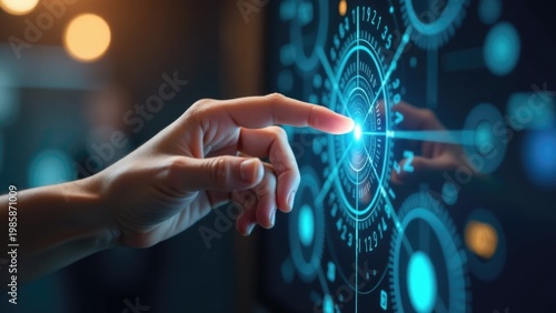 A person's hand on a touchscreen device, fingers tracing and tapping the screen