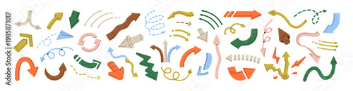 Colourful arrows in different styles set. Signs of direction, lines of pointers, geometric shapes for pointing route. Signposts for showing way. Flat isolated vector illustrations on white background