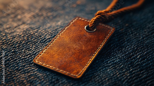 Brown leather tag on textured fabric with blurred light background for retail use