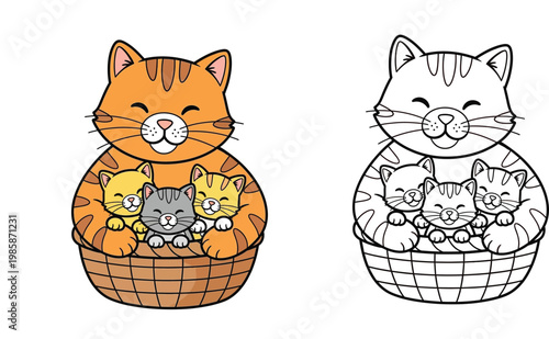 Cute Mother Cat with Three Kittens in Wicker Basket Illustration Set for Coloring Page and Graphic Design