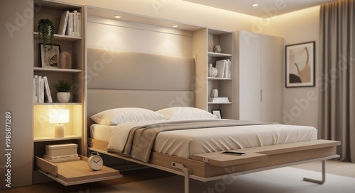 Modern Space-Saving Wall Bed Unit with Integrated Shelving and Cabinet for Compact Living Solutions