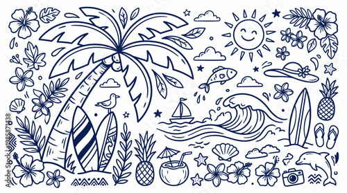 Beach summer vacation illustrations and icons.