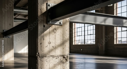 Rough concrete pillar with steel beam and grid window in industrial interior space