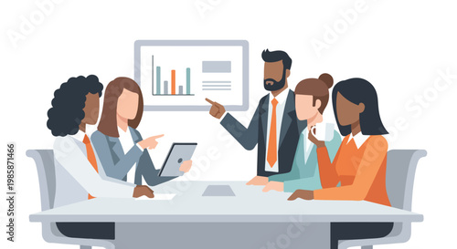 A diverse group of professional business colleagues are having a productive meeting around a conference table while looking at data charts.