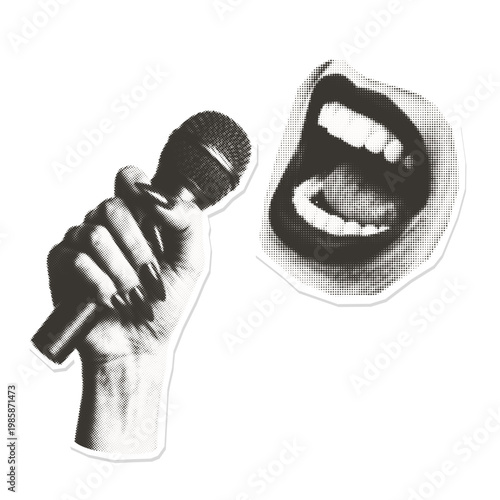 Female lips singing into microphones - retro halftone paper cutout element. Trendy vintage zine style design asset for music poster.