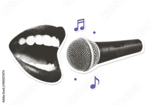 Pop art female mouth singing into microphones - vintage halftone cutout element. Retro zine style isolated graphic.