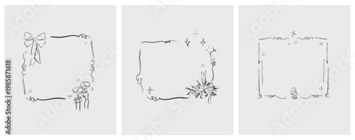 Hand drawn vector abstract outline,graphic,line celebration ornament party frames set in drawing elegant style.Elegant decoration vintage outline design isolated.Birthday,Christmas,party frames design