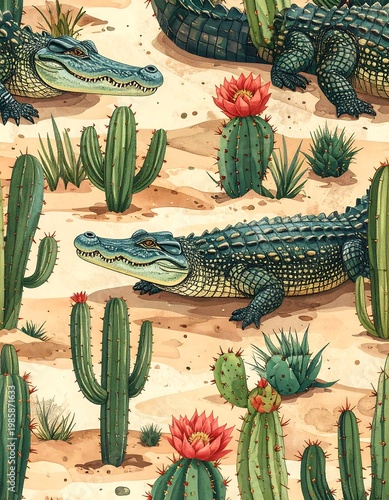 A seamless pattern depicting desert fauna; crocodiles are scattered amid cacti of different sizes and flowering species