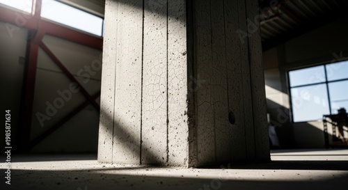 Textured Concrete Column Base Showing Formwork Lines and Cracks Under Industrial Lighting