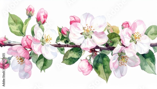Watercolor Apple Blossom Branch with Pink Buds and Green Leaves Isolated