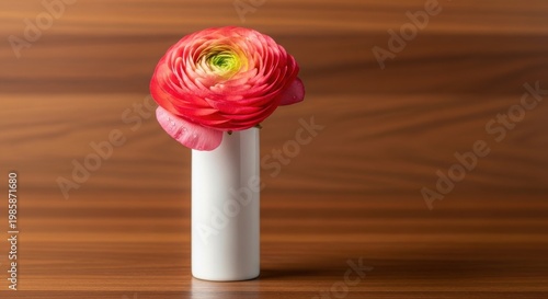 Vibrant Pink Ranunculus Flower in a White Porcelain Bud Vase on a Wooden Surface