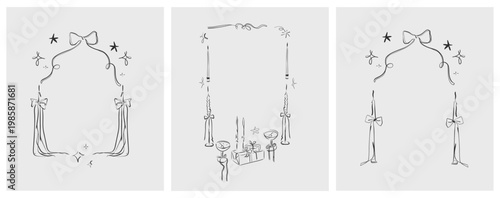 Hand drawn vector abstract outline,graphic,line celebration ornament party frames set in drawing elegant style.Elegant decoration vintage outline design isolated.Birthday,Christmas,party frames design