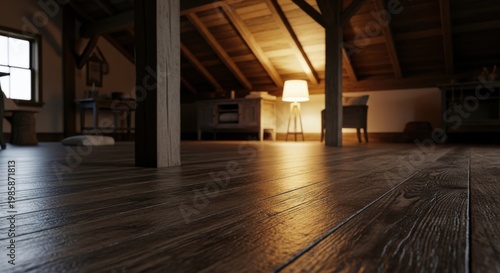 Warm, dimly lit attic interior with rich, dark distressed wooden floorboards and a glowing lamp