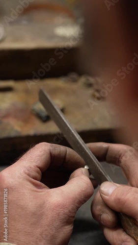 Jeweler crafting ornate silver crown with fleur-de-lis motif and detailed patterns in workshop. Traditional jewelry making process in workshop environment
