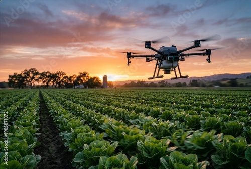 Agricultural Drone Monitoring Vegetable Crops at Sunset
