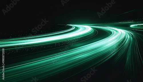 Abstract Green Light Trails on Dark Background with Motion Blur Effect