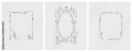 Hand drawn vector abstract outline,graphic,line celebration ornament party frames set in drawing elegant style.Elegant decoration vintage outline design isolated.Birthday,Christmas,party frames design