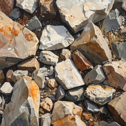 A pile of large and small rocks with orange and gray hues