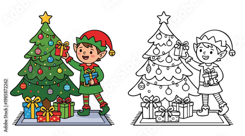 Christmas Elf Decorating Tree Coloring Page Illustration for Holiday Activities