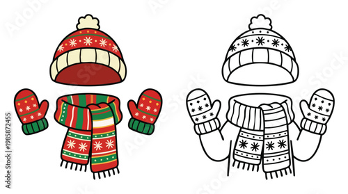 Christmas Knitwear Hat Scarf Mittens Coloring Page Vector Illustration Printable