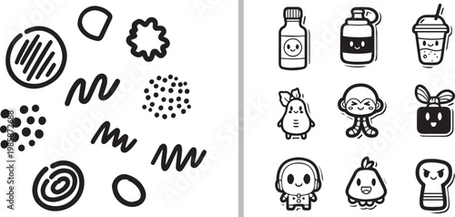 Set of hand drawn doodle icons and abstract shapes in black and white vector style