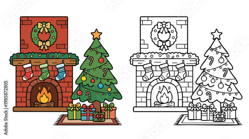 Christmas Fireplace and Tree Coloring Book Page