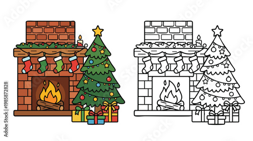 Christmas Fireplace Scene and Coloring Page for Holiday Decoration