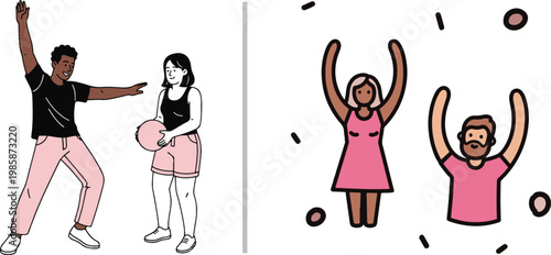 Diverse people celebrating and playing with a ball in a flat design vector illustration