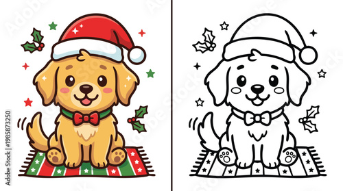 Christmas Golden Retriever Puppy Wearing Santa Hat and Bow Tie Coloring Page