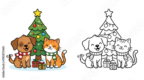 Christmas Themed Coloring Page with Cute Dog and Cat Wearing Scarves Near a Tree