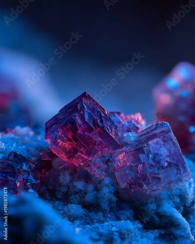 Rare Earth Minerals: Crystalline Structure, Macro Detail, Deep Blue and Magenta Tones, Geological Formation, Industrial Resource, Digital Art